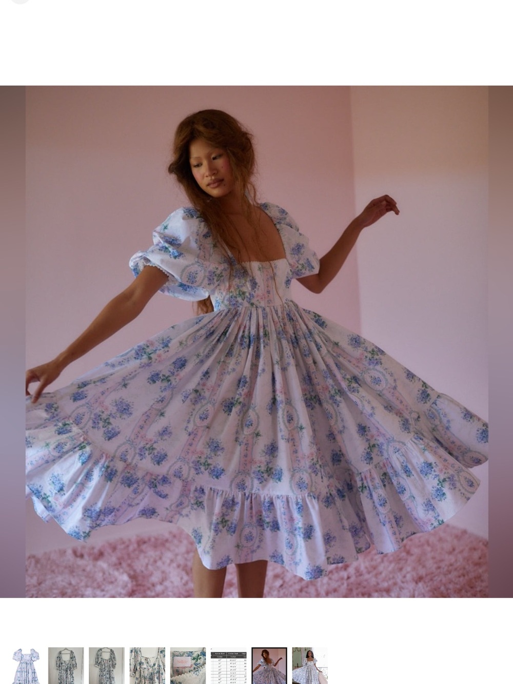 Selkie La Belle Etoile French Puff Dress Small Blue Floral Cottagecore Romantic